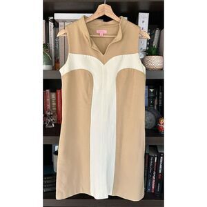 Lilly Pulitzer Beige Tan Off White Block Ponte Knit Sleeveless Shift Dress Sz 2